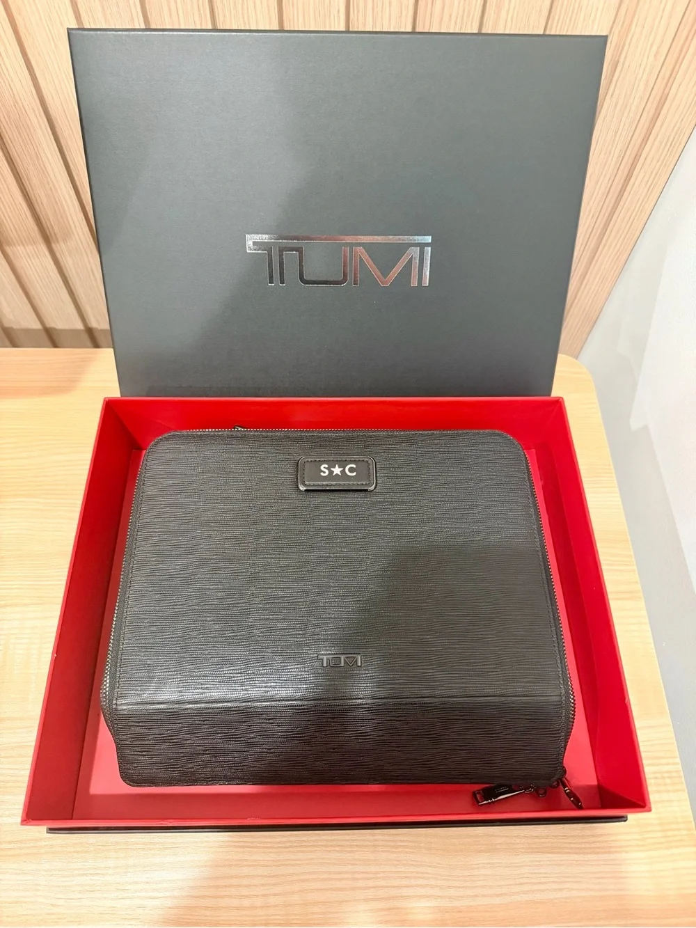 Tumi Black Embossed Leather Travel Accessories Case